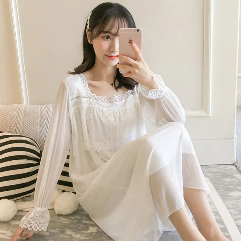 Women Cotton Dress Princess Sleepshirts Vintage Palace Style Lace Embroidered Nightgowns.Victorian Nightdress Lounge