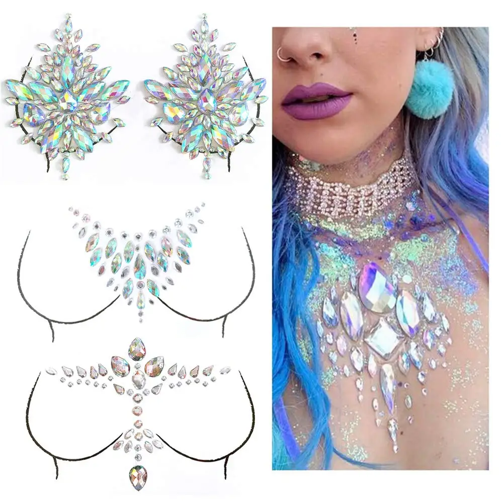 Chest Jewels Tattoo Rhinestone Sticker Temporary Tattoo Glitter Chest Body Gems Sticker Body Art Decor Jewel for Festival Makeup