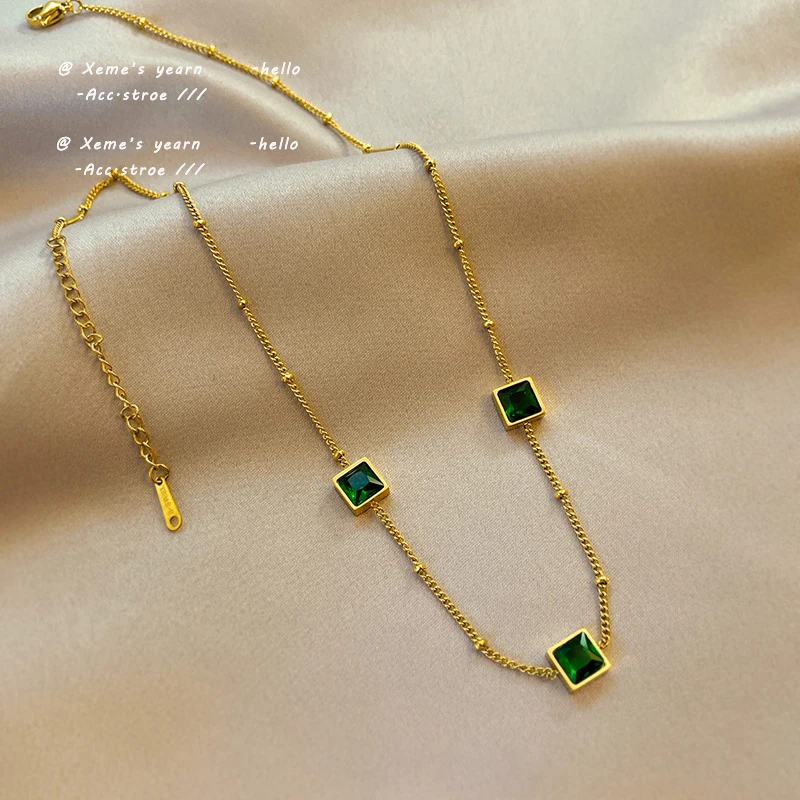 Advanced Green Zircon Necklace Stainless steel Non Fading Design Sense of Simplicity Temperament Clavicle Chain For Woman 2023