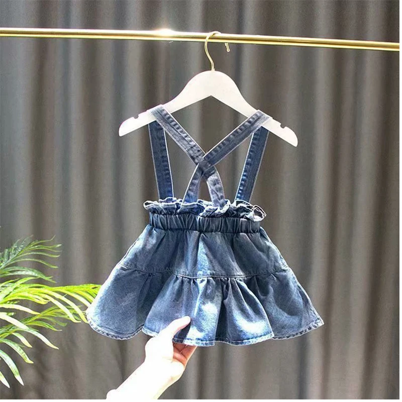 2021 Kids Girls Clothes Set Summer Short Sleeve Shirt + Denim short dress Triple Breasted Outfits Baby Clothing 4 5 6 7 8 9 10 1