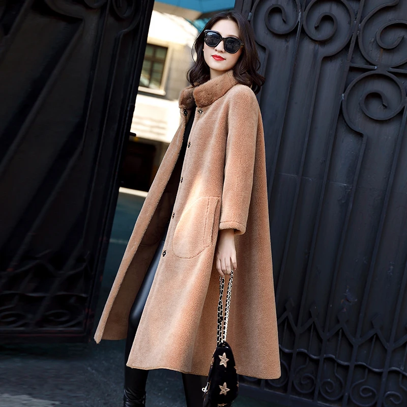 

Real Sheep Shearling Fur Coat Female Mink Fur Collar Real Wool Coats 2020 Winter Jacket Women Long Korean Outwear MY3689