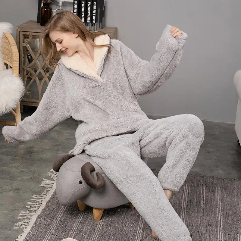

Warm Sleepwear Femme Flannel Pajamas With Trousers Set Autumn Winter Nightwear Long Sleeve Pyjamas Coral Fleece Home Clothes