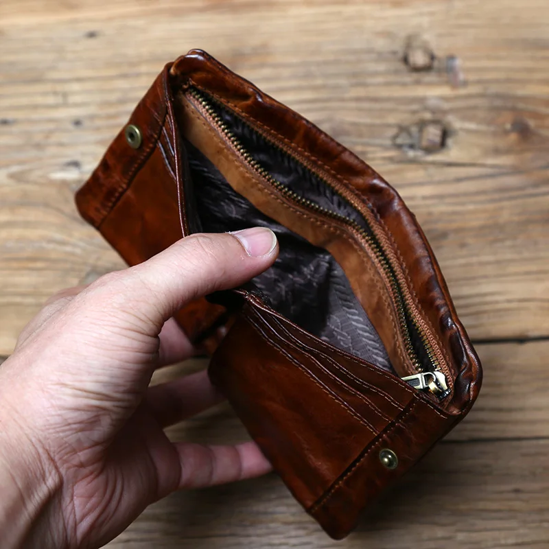 NZPJ Herren-Geldbörse aus Rindsleder, Retro-Geldbörse, Leder, kurze Damen-Geldbörse, pflanzlich gegerbtes Leder, vertikale Geldbörse, Jugend-Reißverschluss, Ausweishülle – Detail 8
