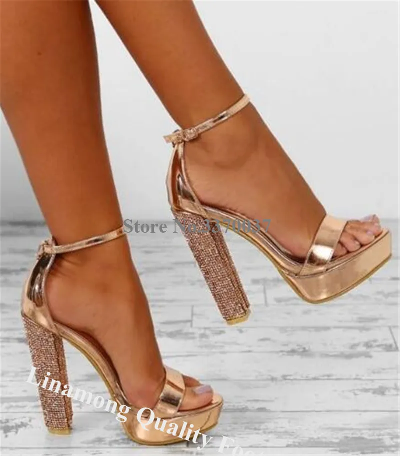 Linamong Bling Bling Open Toe Rhinestone Chunky Heel Sandals Ankle Strap Rose Gold Black Crystal Thick High Heel Sandals Heels