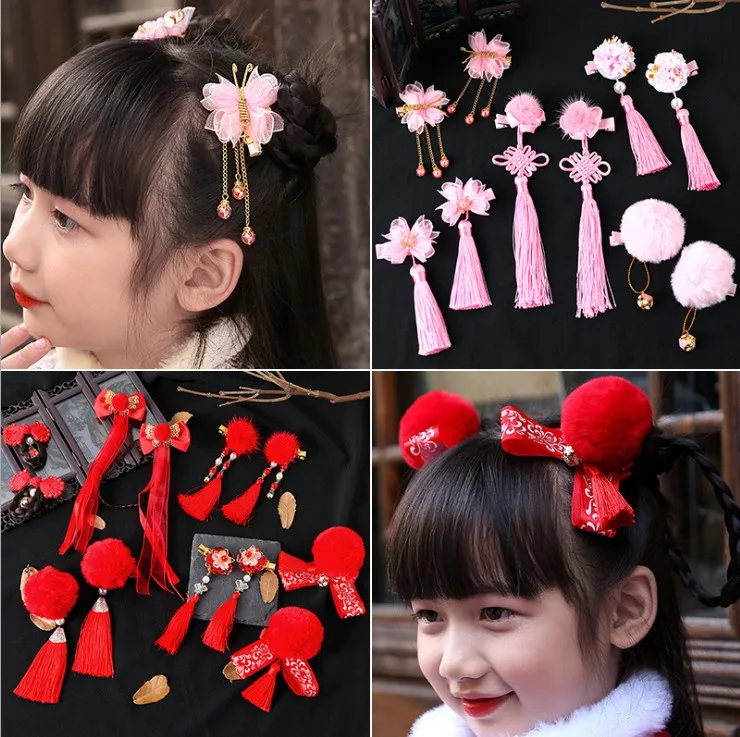 1pair Chinese Hanfu Hair Accessories Red Pink Flower Hairpins Vintage Dress Headwear Long Tassels Hair Clip Noiva Jewelry