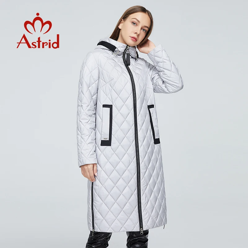 Astrid 2022 Women\'s Spring Autumn Jacket Hooded Zipper Pocket Warm Solid Lattice Fashion Long Coat Women Parkas Outerwear M-8745