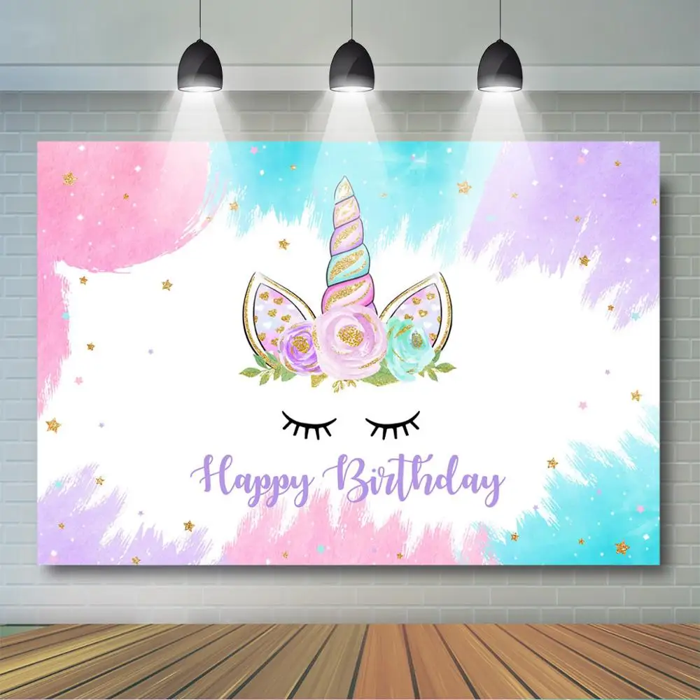 

Unicorn Theme Backdrop Pink Watercolor Floral Magical Stars Photography Background Girls Happy Birthday Party Decor Supplies