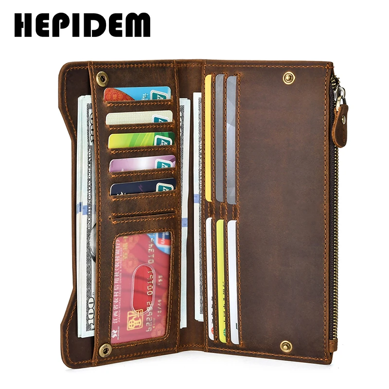 HEPIDEM RFID High Quality Crazy Horse Genuine Leather Slim Long Wallet 2020 New Pocket Money Dollar Bill Purse for Men 8168