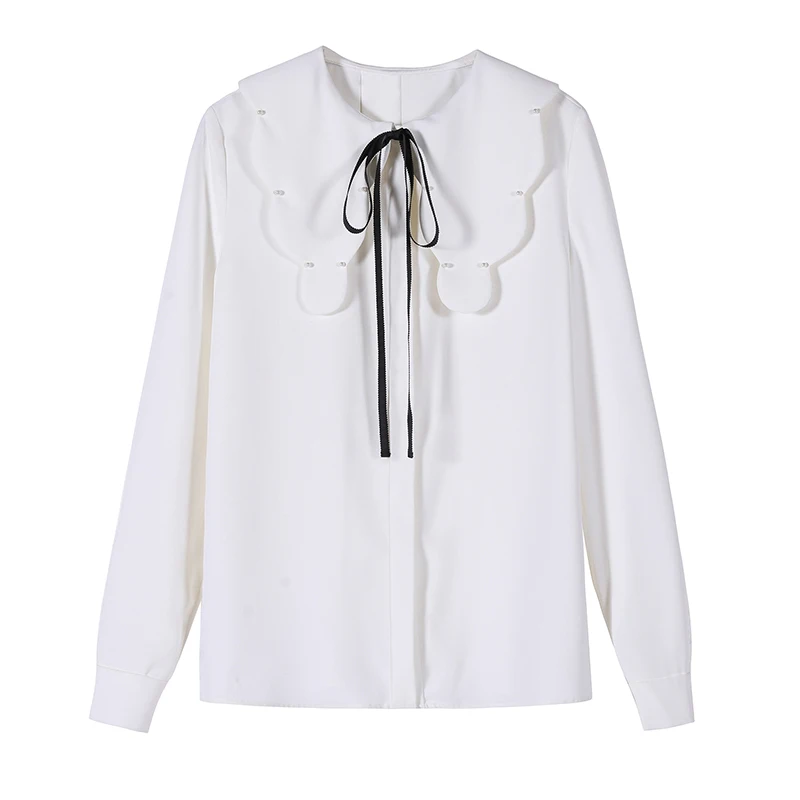 Camisa de moda coreana para mujer, blusa femenina de chifón de manga larga con cuello de muñeca y lazo, con cordones, novedad de Primavera de 2021