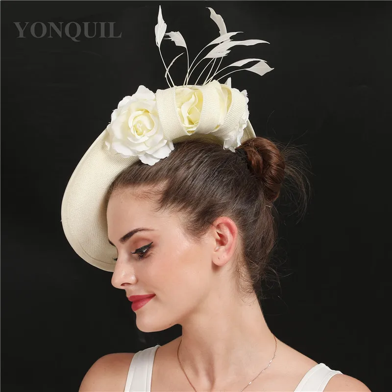 Beige Cocktailhut mit Blume Hochzeit Haarschmuck Kentucky Derby Fascinator Kopfbedeckung Hochwertiges Leinenimitat SYF666 – Detail 13