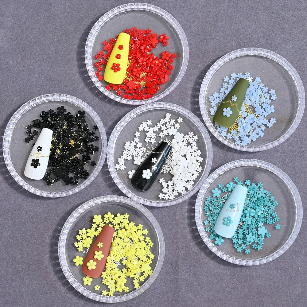 450PCS 5-Petal Flower Nail Resin Charms Mix Size 3+6MM Flowers&Metal Mini Beads Manicure Decorations For Girls Nails Accessories