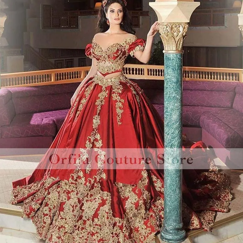 Traditional Tunisian Prom Dresses Two Pieces A Line Lace Stain Applique Red Arabic Caftan Kaftan Evening Formal Party Gown