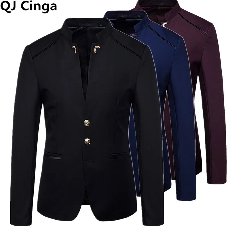 Autumn New Retro Men Blazer, Masculino Single Breasted Stand Up Collar Men Long-Sleeved Terno Coat, Black Blue Red Overcoat