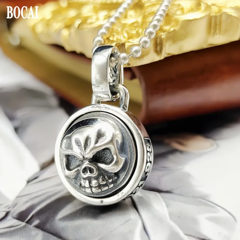 

BOCAI New 100% S925 Silver Retro Skull Head Turning Pendant for Man 2021 Trendy Personality Fashion Couple Jewelry