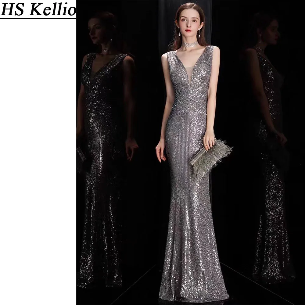 

Evening-Gown Gray Double Vneck Sexy Mermaid Sequined Evening-Dress 2020