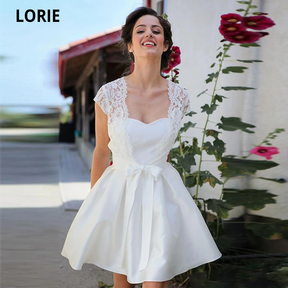 LORIE 2020 Mini Short Satin Wedding Dresses with Lace Jacket Summer Beach Wedding Gowns Boho Wedding Party Dress Plus Size