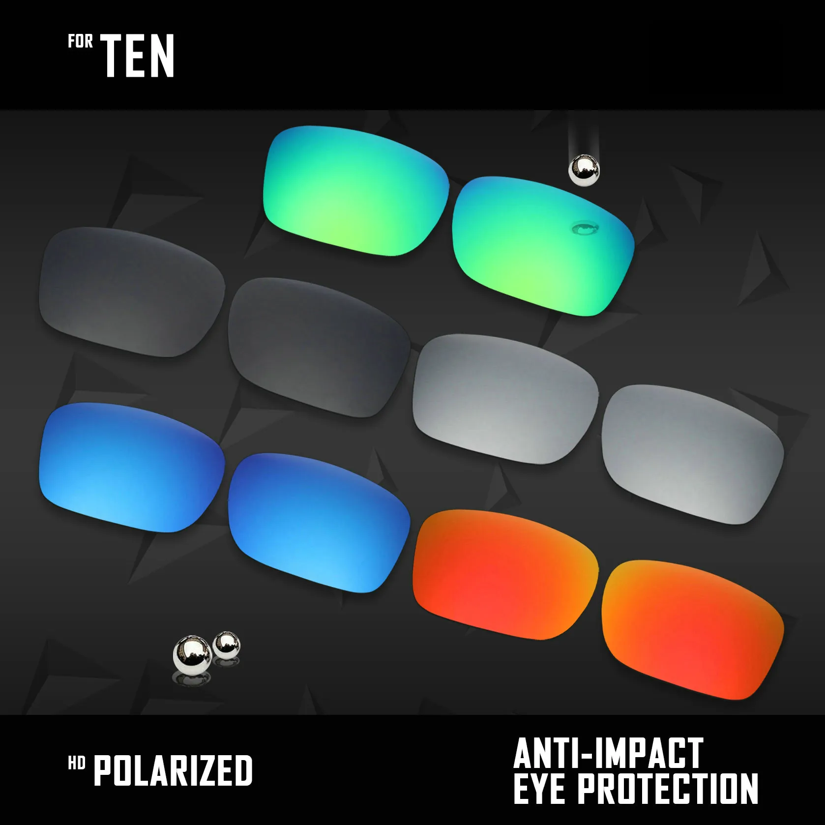 

OOWLIT 5 Pairs Polarized Sunglasses Replacement Lenses for Oakley Ten OO9128-Black & Silver & Ice Blue & Fire Red& Emerald Green