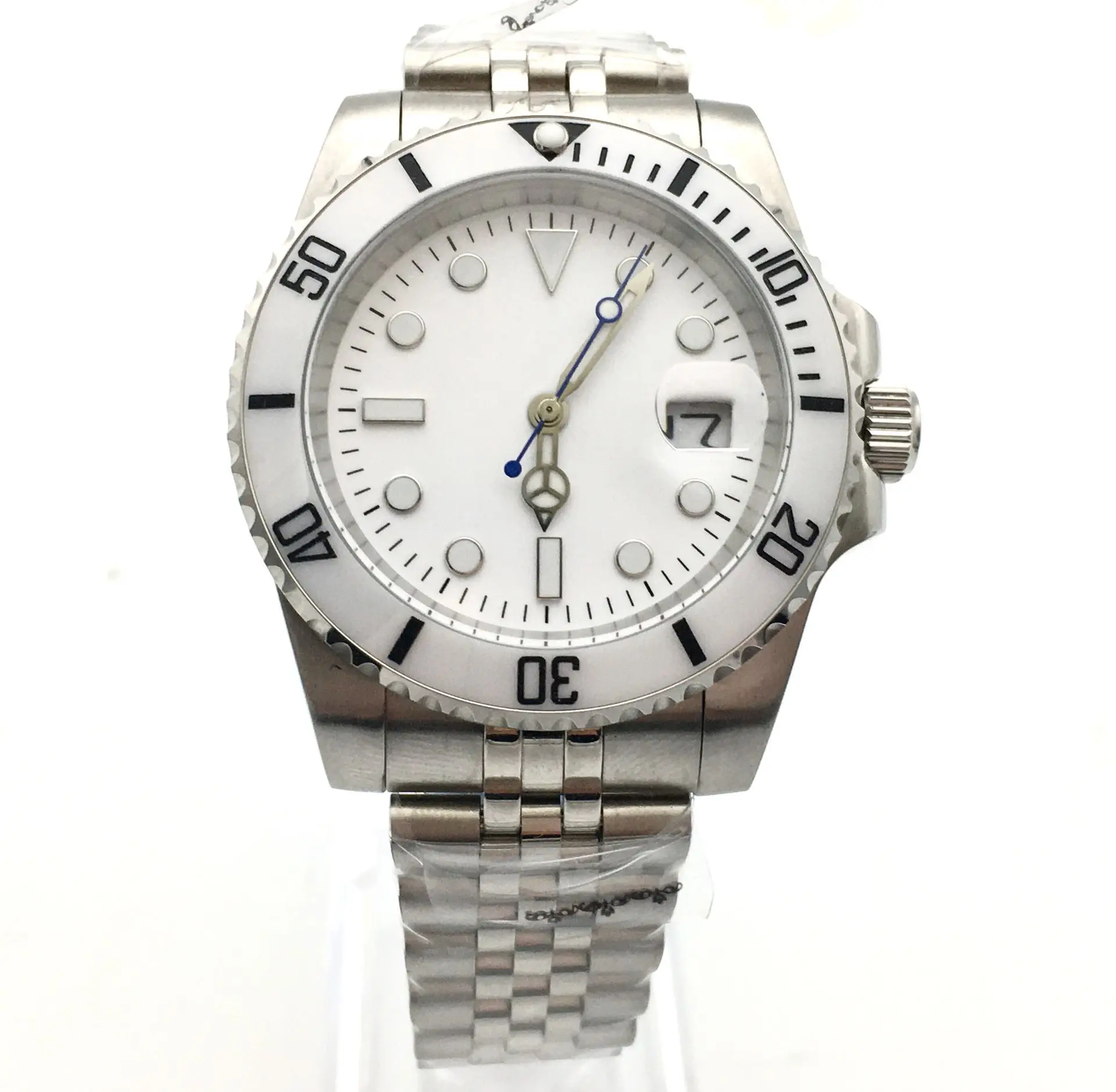 40mm branco dial data luminoso relógio automático relógio masculino cerâmica moldura relógio mecânico prata jubileu cinta