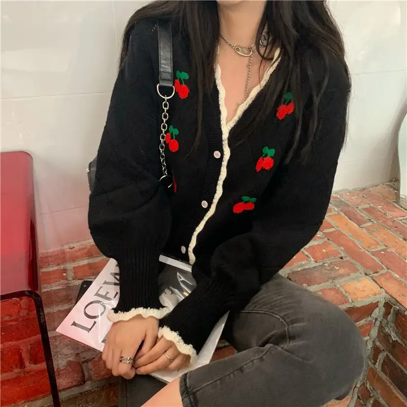 Cardigan Women Sweet Cropped Sweaters Cherry-printed Gentle Knitted Retro Korean Style All-match Fashion Outwear V-neck Feminine