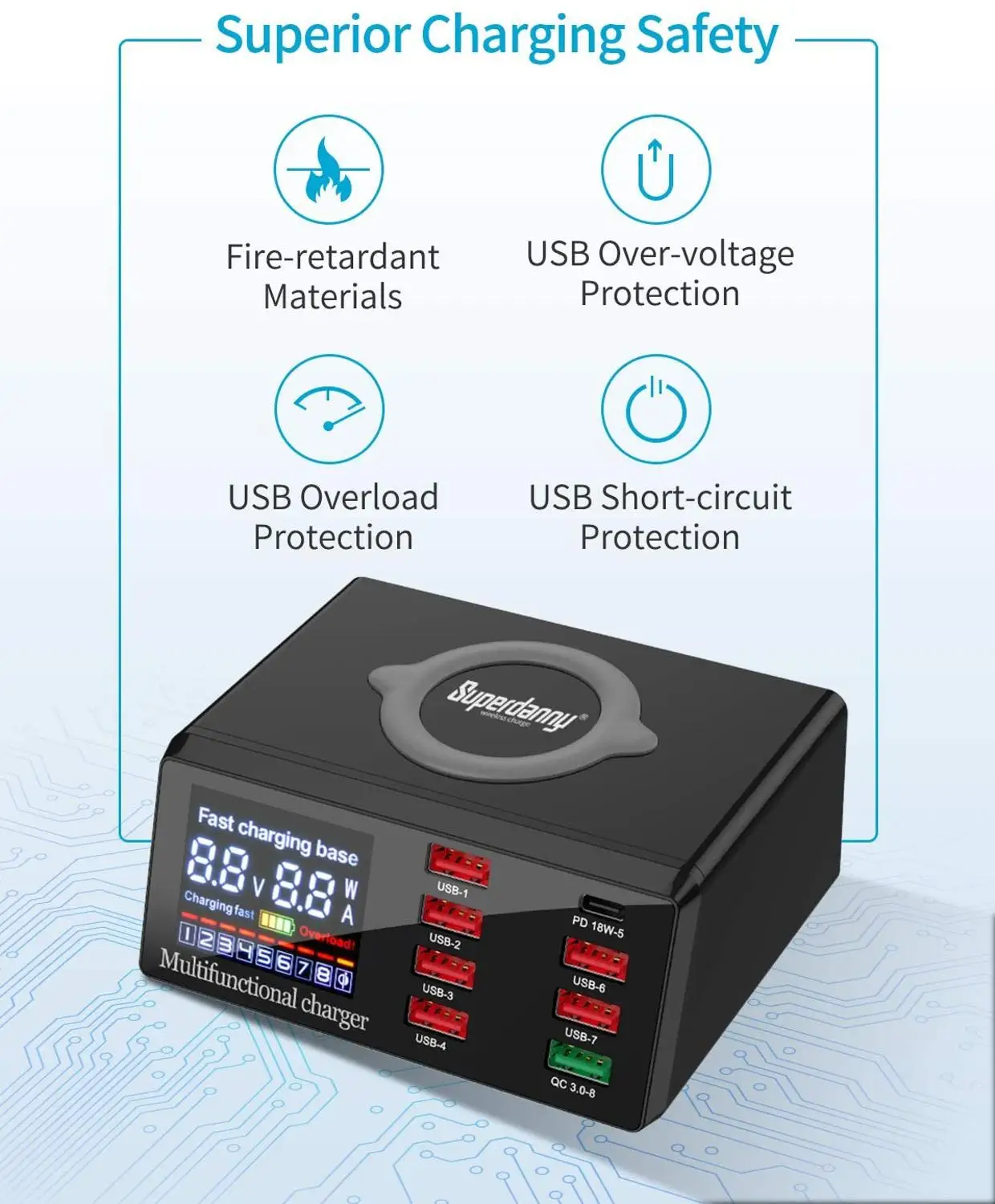 100W Multi USB Fast Charger Wireless For IPhone 12 11 Pro XR 8 Port Usb LCD Quick Charge Station 3.0 PD Charger For Samsung S10
