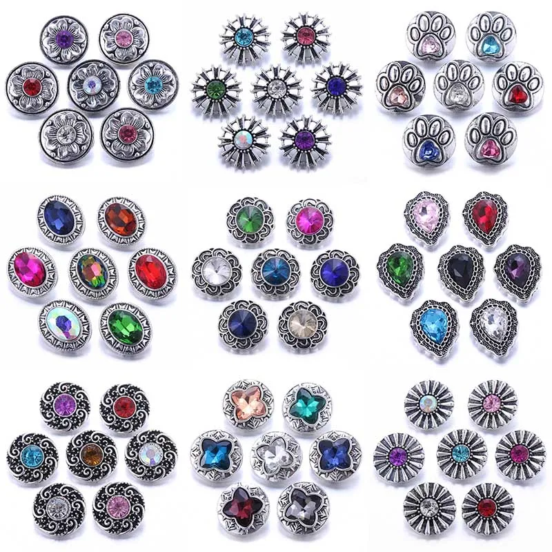 Boom Life 10pcs/lot Wholesale Snap Jewelry 18mm Snap Buttons Mix Rhinestone Metal Flower Snaps Buttons for Snap Bracelet Bangle