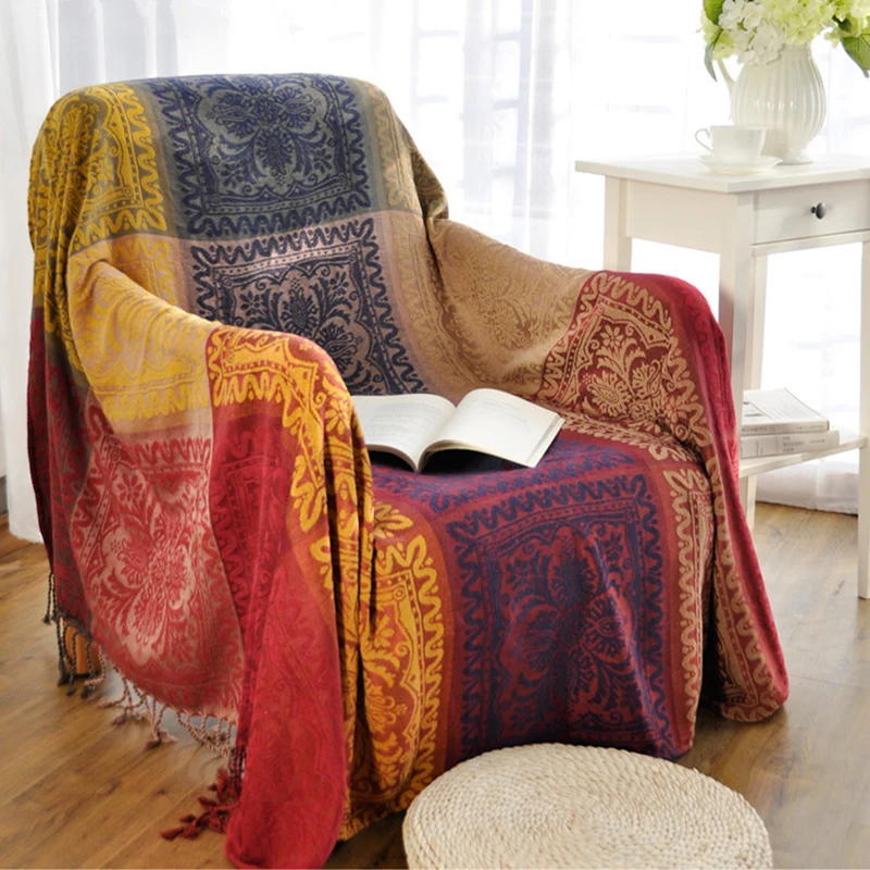 

Ethnic Bohemian Grid Yarn-dyed Knitted Chenille Sofa Cover Blanket Towel Bed Wall Boho Decor Slipcover Travel Picnic Pad Mat