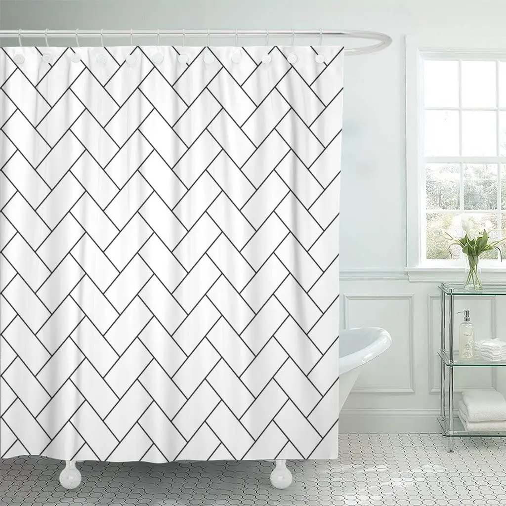 Pattern Herringbone Parquet Diagonal White Wood Abstract Arrow Black Shower Curtain Waterproof Polyester Fabric 72 x 78 Inches