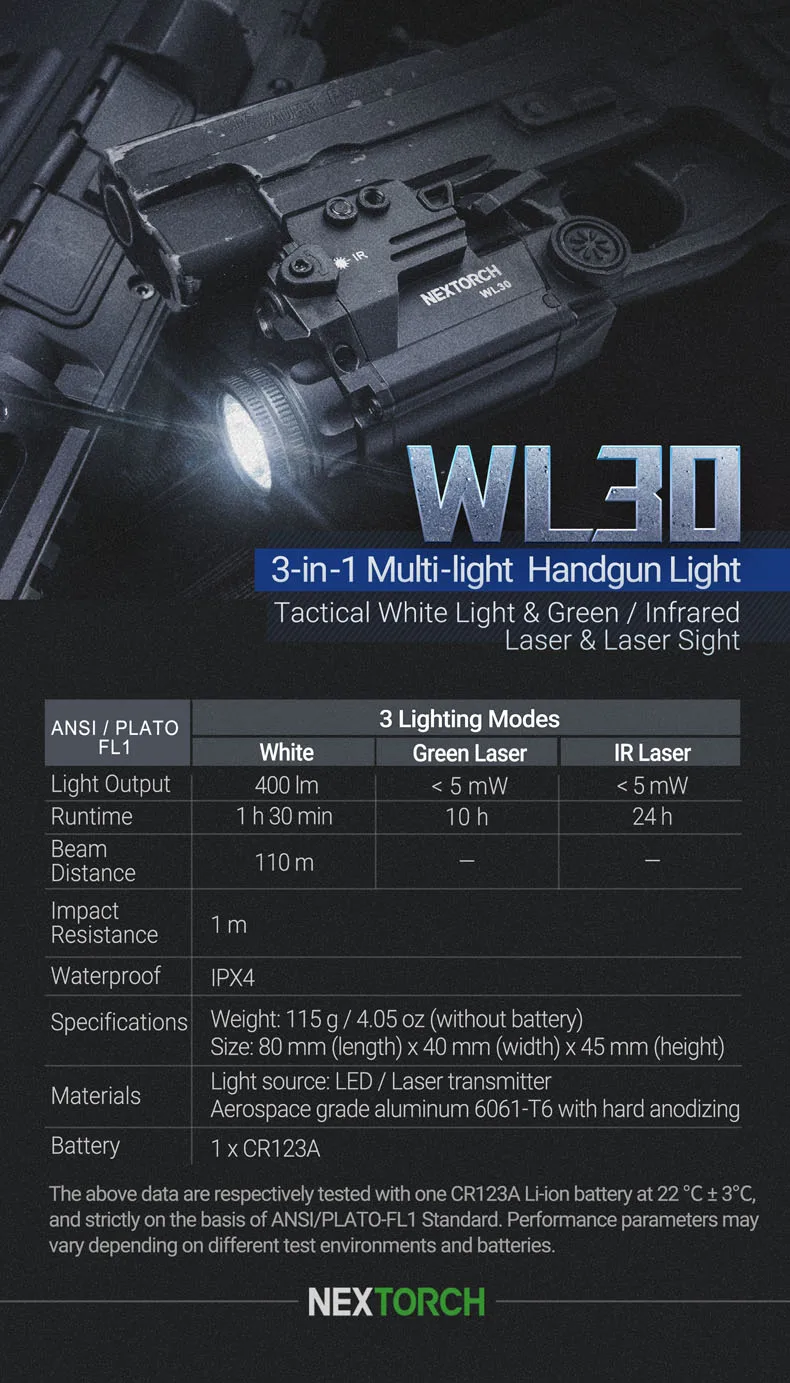 NEXTORCH 3-in-1 Multi-light Handgun Light 400 Lumens Weapon Light WL30