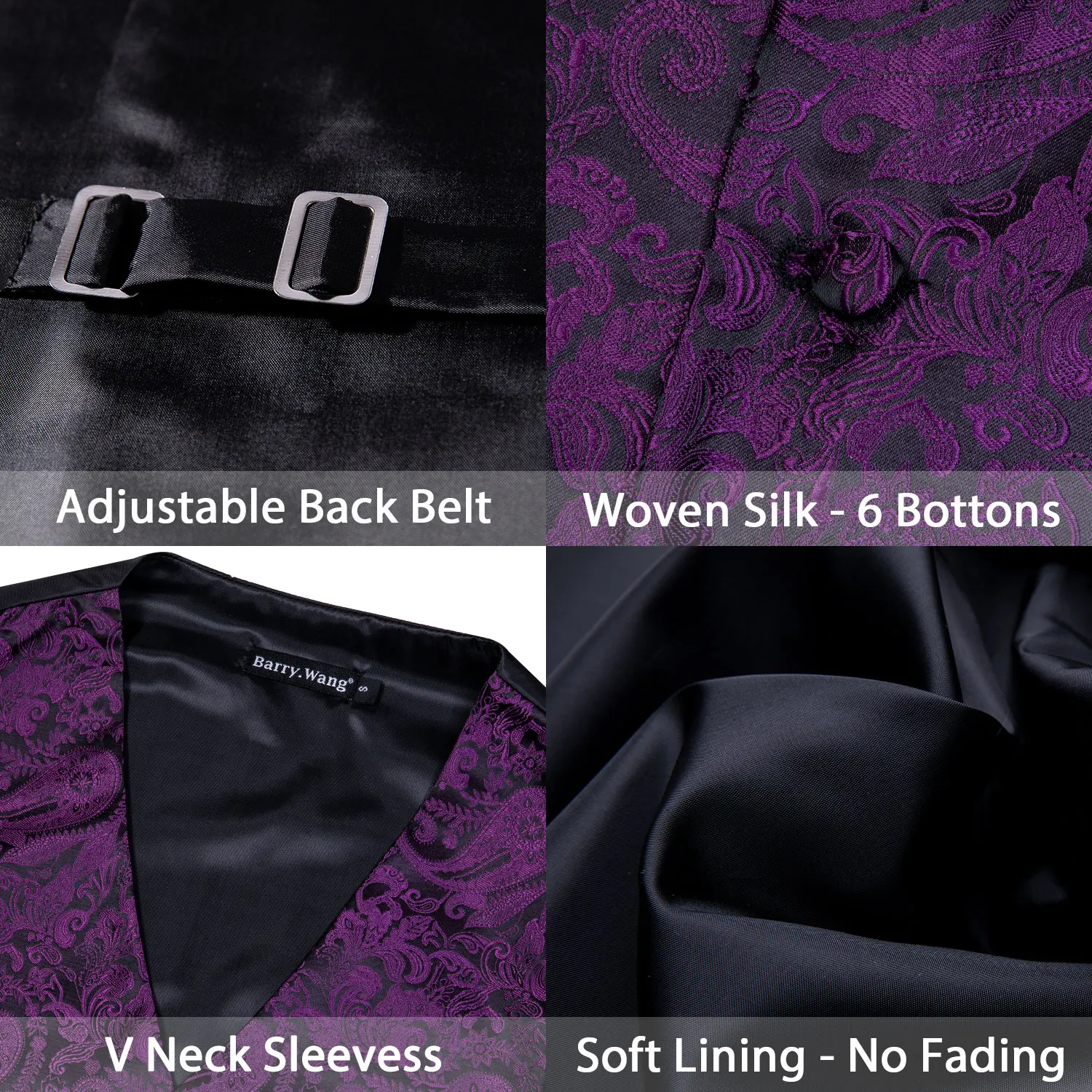 4PC Mens Silk Vest Party Wedding Purple Paisley Solid Floral Waistcoat Vest Pocket Square Tie Slim Suit Set Barry.Wang BM-2020