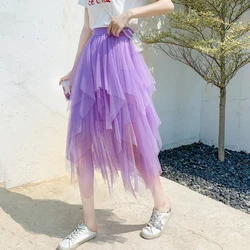 Asymmetrical Women Skirt Spring Summer Black White Beige Gray Pink Blue Purple Tulle Skirt korean Style Mesh Long Skirt
