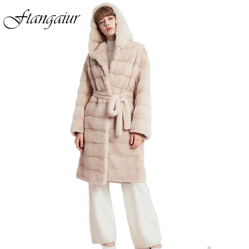 Ftangaiur Winter Copenhagen Import Velvet Mink Fur Coats Women With Hood Jackets Women's X-Long Slim Real Mink Fur Coats