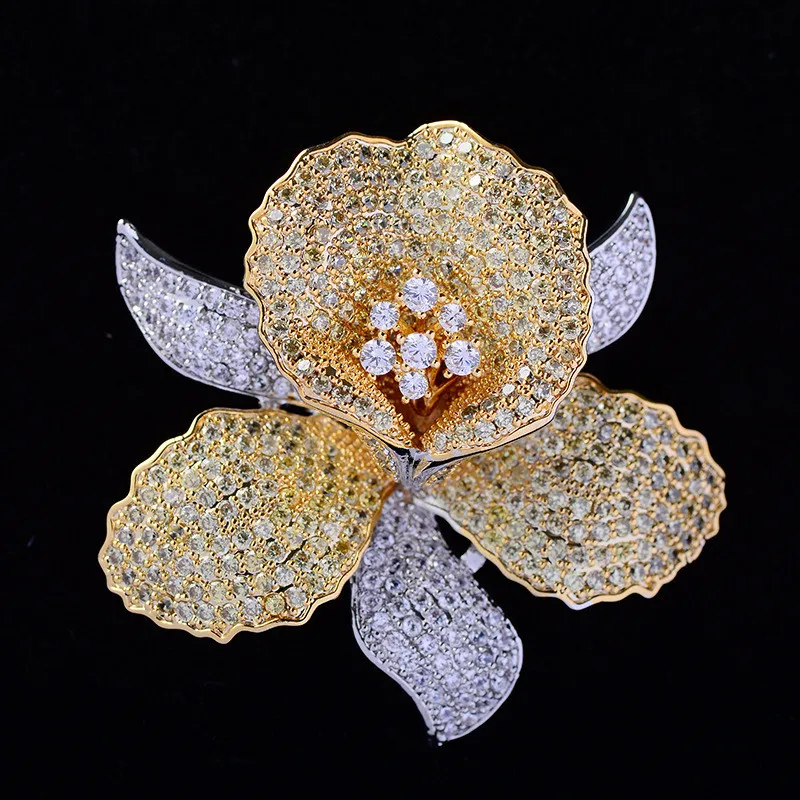 OKILY Luxurious Cubic Zirconia Orchid Flower Brooch Pin Delicate Rhinestone Floral Pins and Brooches for Women Valentine\'s Gift