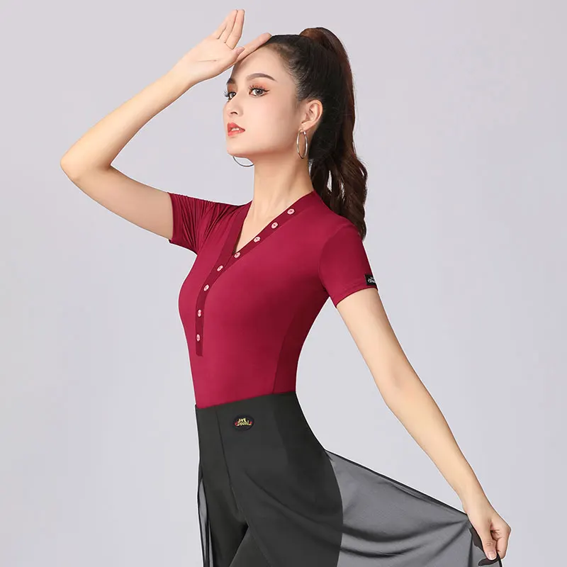 Abiti da allenamento latino donna professionale New Dance Rumba National Standard Dance Practice Clothes Square Dance Shirt Summer