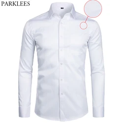 Camisa branca de negócios para homens, slim fit, manga comprida, camisas casuais sólidas, desgaste do escritório de trabalho com bolso, S-8XL, moda