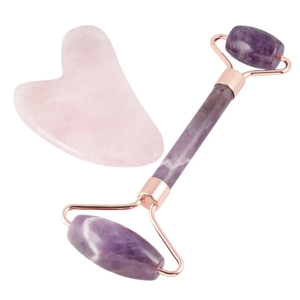 TUMBEELLUWA Natural Crystal Stone Roller & Rose Quartz Gua Sha Scraping Massage Tool Set,Face Massager for Wrinkles,Anti Aging