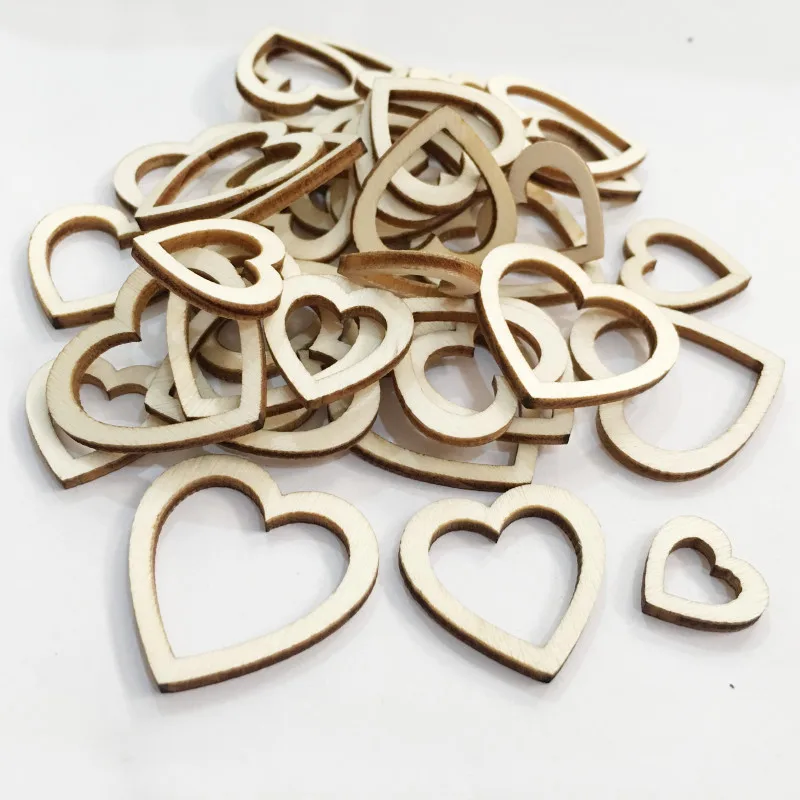 100pcs 10mm Hollow Heart Shaped Wood Pieces Wooden Ornament Wood Cutouts Slices for House, Garden, Home DIY Art Craft