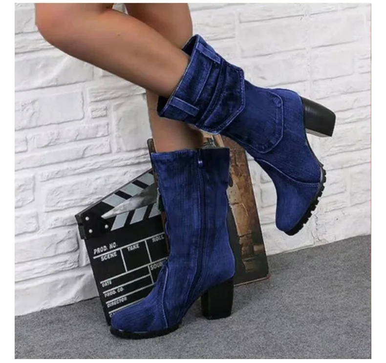 Spring autumn Denim boots for Women Mid-rise Solid color Large Size Shoes woman Slip-On Chunky Med Heels Mid-calf Boots