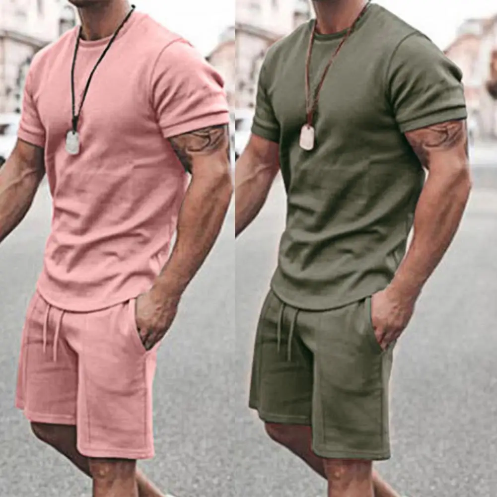 

Tracksuit Solid Color Drawstring Men Loose Short Sleeve T-shirt Pocket Shorts for Fitness