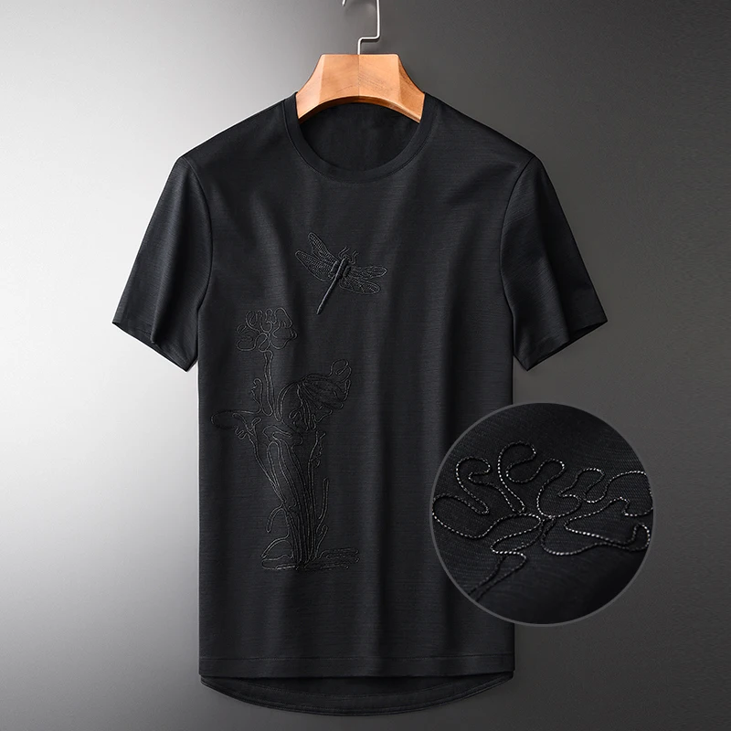 

Linen Mens Luxury Dragonfly Embroidery Short Sleeve Men Plus Size 4xl Black Slim Casual T-shirts Man