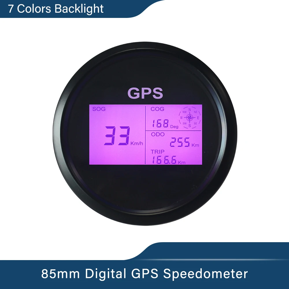 New 7 Backlights 85mm Boat Car GPS Speedometer Digital LCD Speed Gauge Odometer Course with GPS Antenna