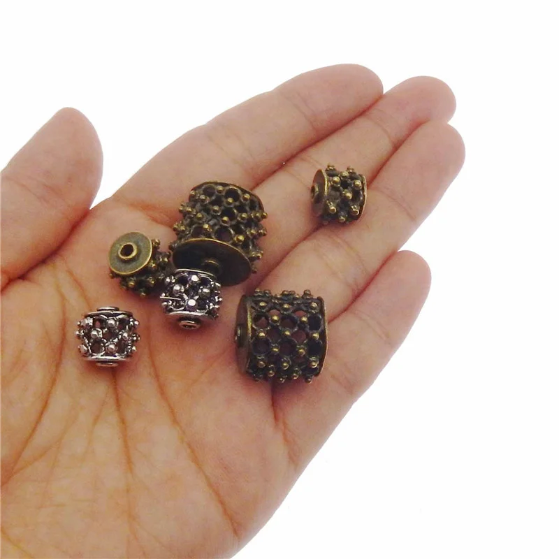 6PCS Copper Filigree Drum Roller Beads Hollow Antique Accessories Bracelet Charms Necklace Pendant Jewelry Making Findings