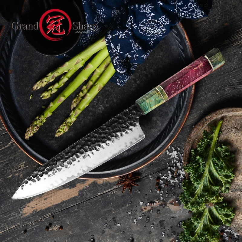 Grandsharp 8 Inch Chef Knife Carbon Steel Knife Forged Handmade Knife Meat Vegetable Knife Kitchen Japanese Knives Wooden Handle