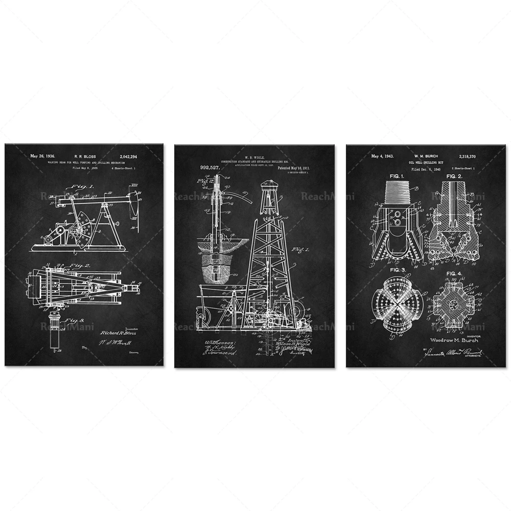 Patent prints of oil rigs, Texas Petroleum, Wildcatter Roughneck, well pump jacks, drill bits, industrial blueprint posters