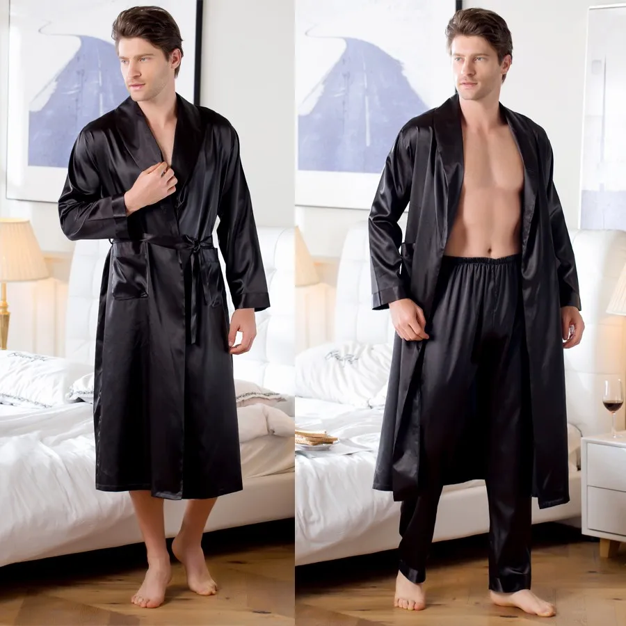 Casual Sleepwear Loose Big Size 3XL Men Robe Satin Kimono Bath Gown Sexy Nightwear Long Sleeve Lapel Wedding Intimate Lingerie