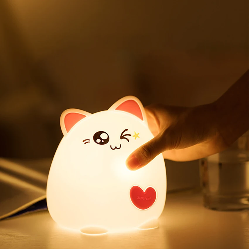 Cute Cat Night Light for Kids, Tap/ Remote Control, Portable Warm Light & Color Changing Silicone Baby Nightlight for Birthday