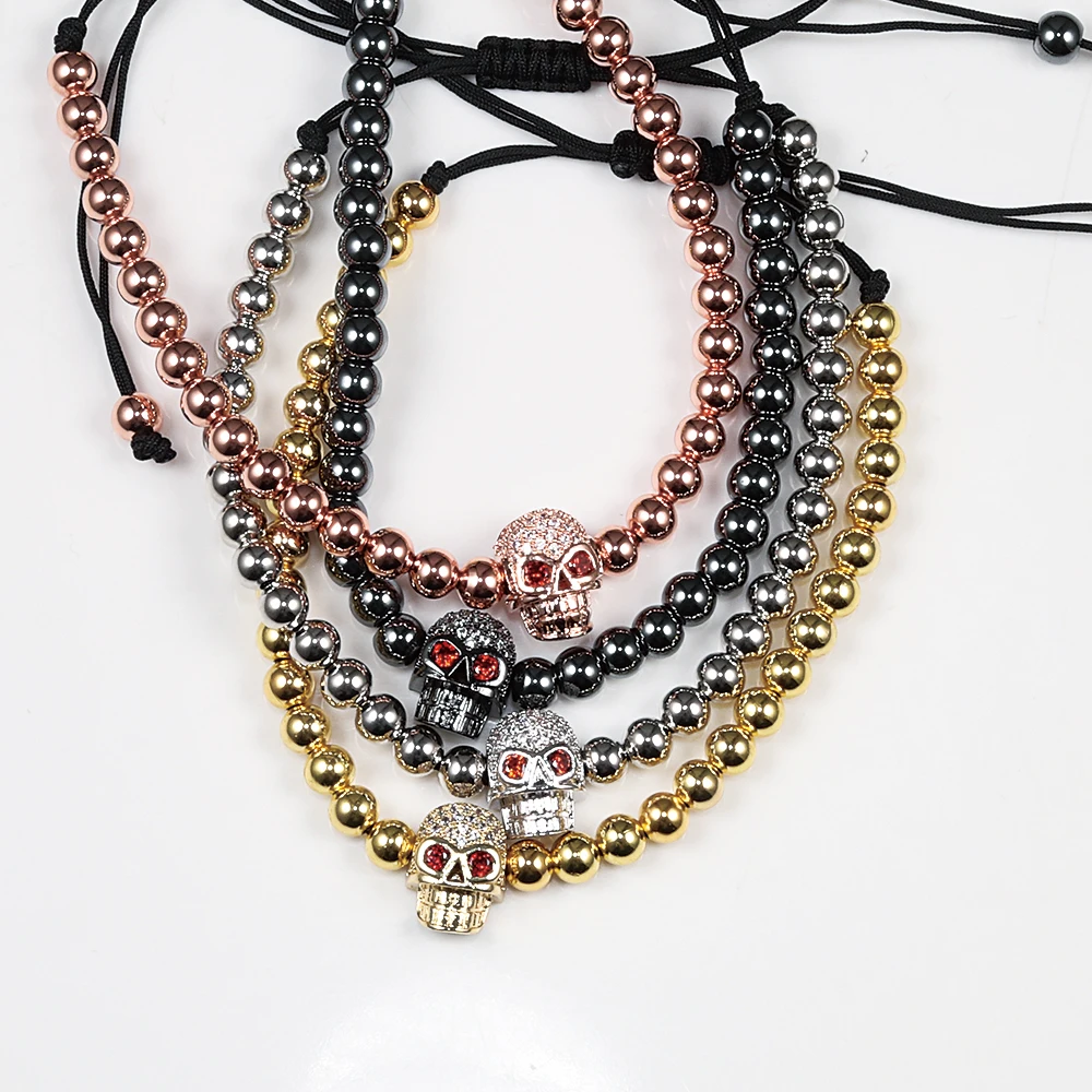 Charm 5mm Copper Beads Bracelets Handmade Pave CZ Skeleton Crystal Adjustable Bracelets Women Men Skull Head Punk Wrist Jewelry