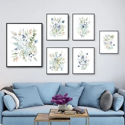Watercolor Blue Flower Painting Canvas Prints Wildflower Bouquet Floral Plants Posters Wall Pictures for Living Room Decoration