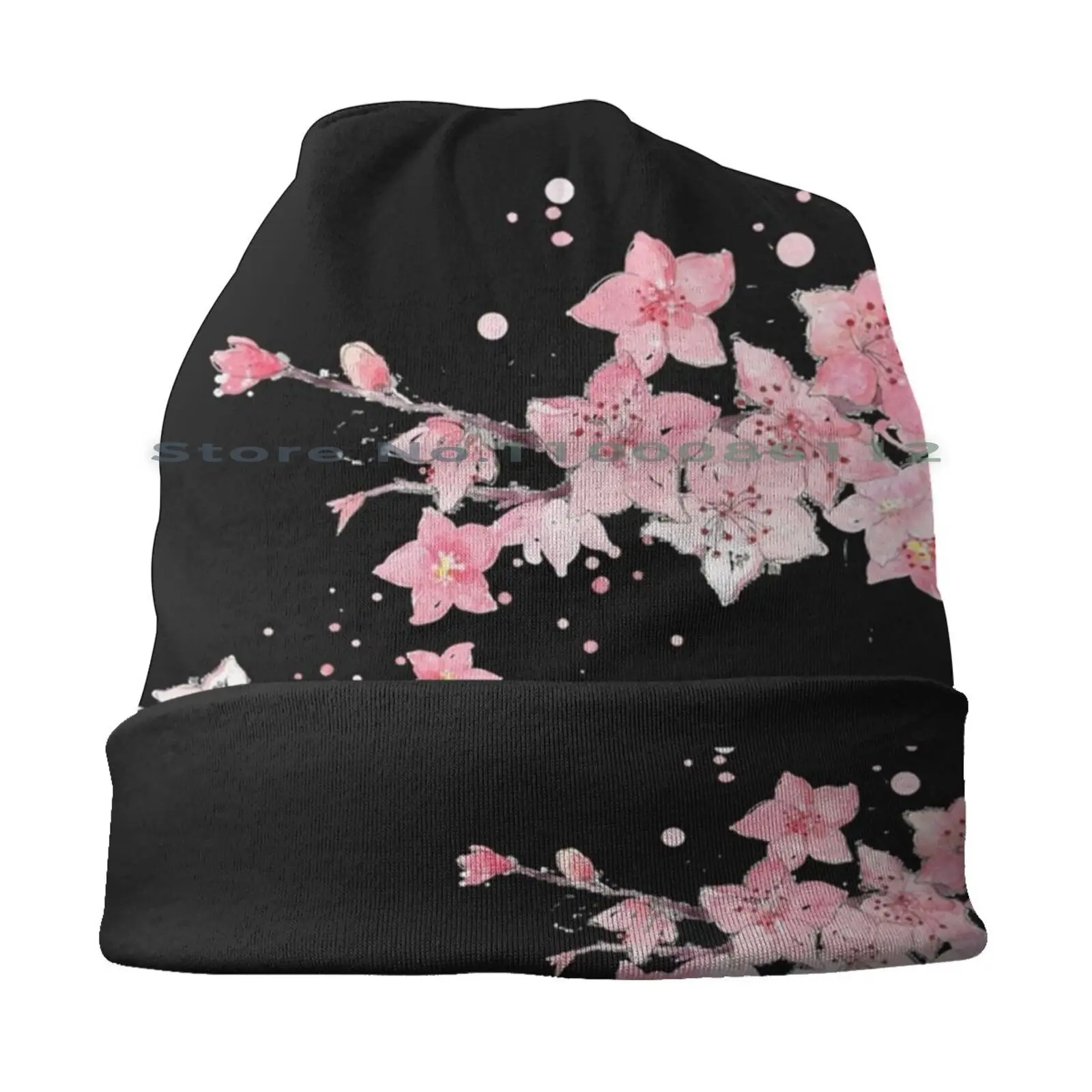 Navy And White Cherry Blossom Pattern Beanies Knit Hat Navy And White Cherry Blossom Pattern Watercolor Sakura Floral Flower