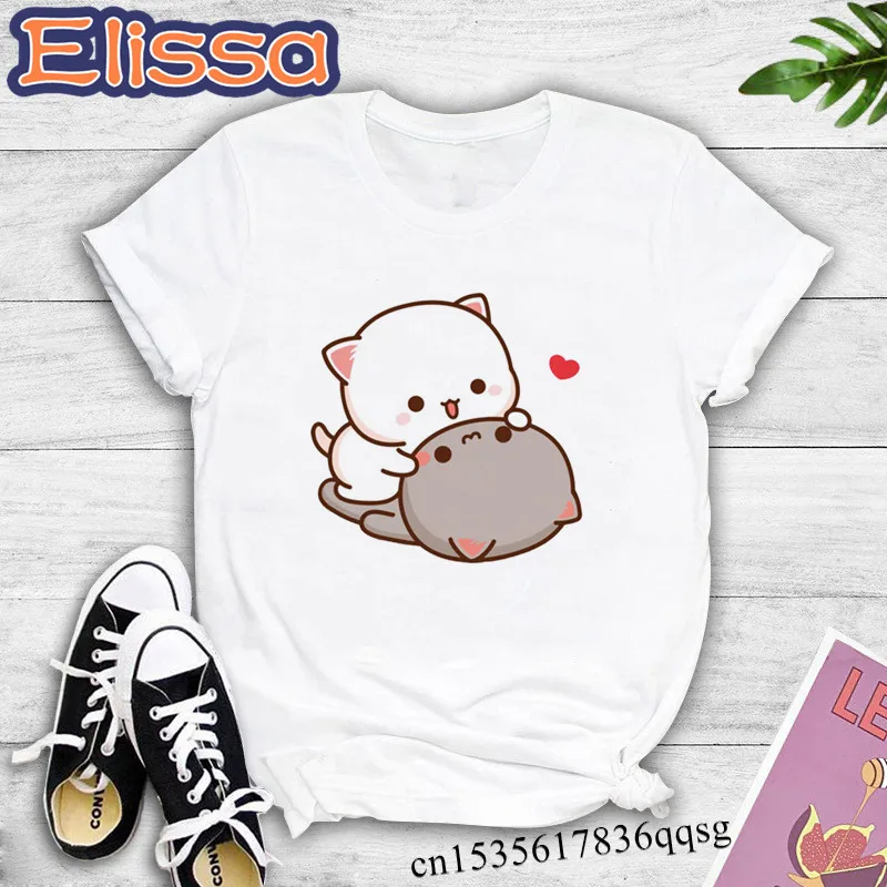 Camiseta con estampado de gato melocotón Mochi para mujer, camiseta blanca y negra, Tops harajuku vintage, estética gótica, ropa punk con gráfico de Anime, Hip Hop