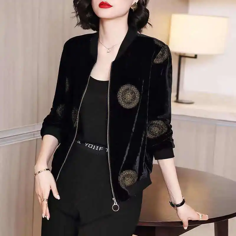 Casual Gold Velvet Coat Bomber Print Spring Autumn Women\'s New Clothes Korean Loose Baseball Uniform Long Sleeve Jacket